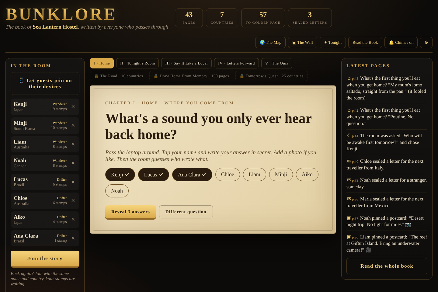 The Bunklore main screen in a hostel common room
